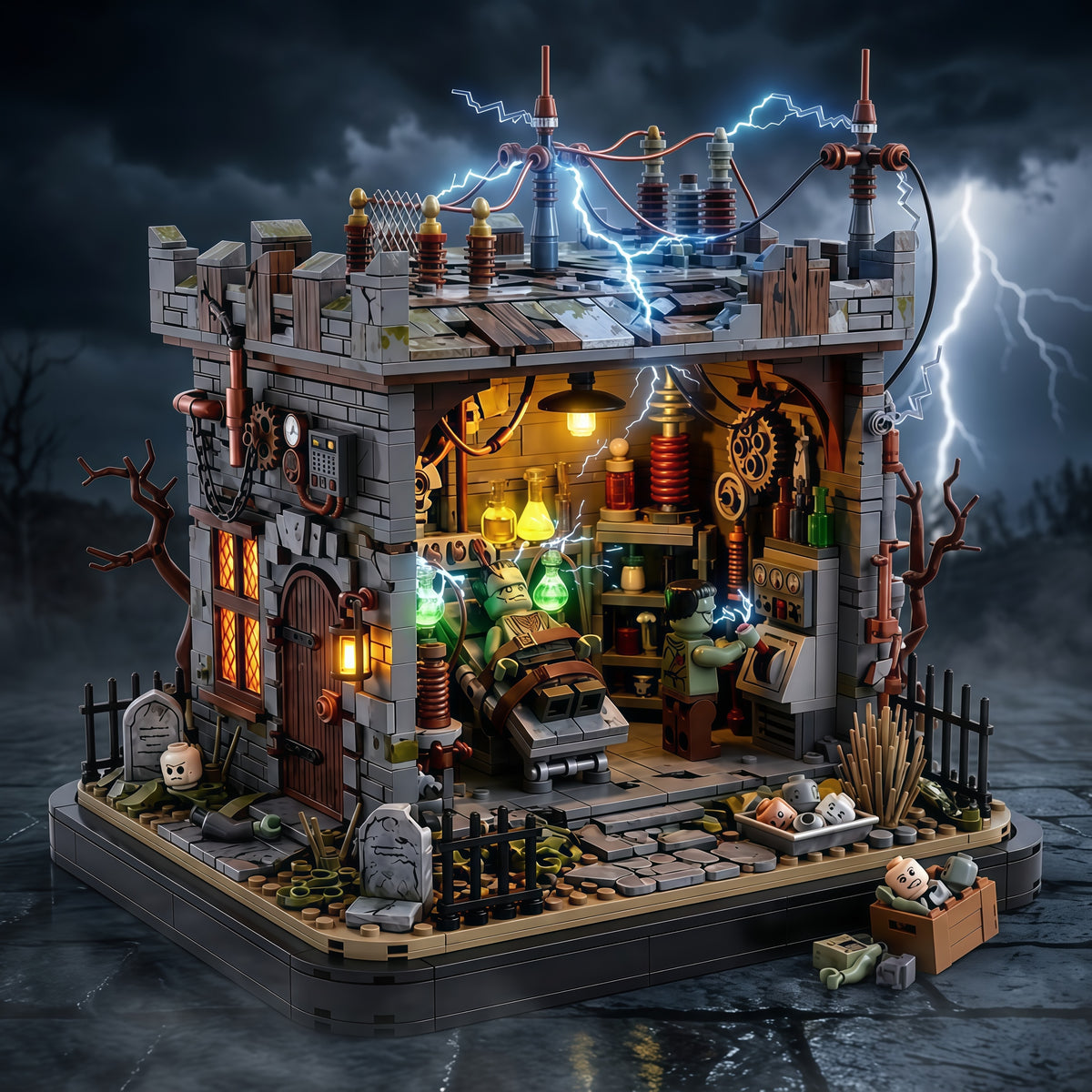 Halloween mad scientist building set with monster laboratory